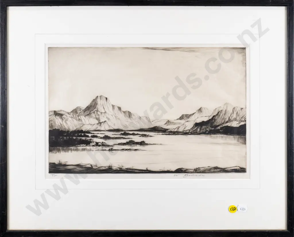 framed etching 19/75 - lake and mountain scene H-220 W-350 Image 1++