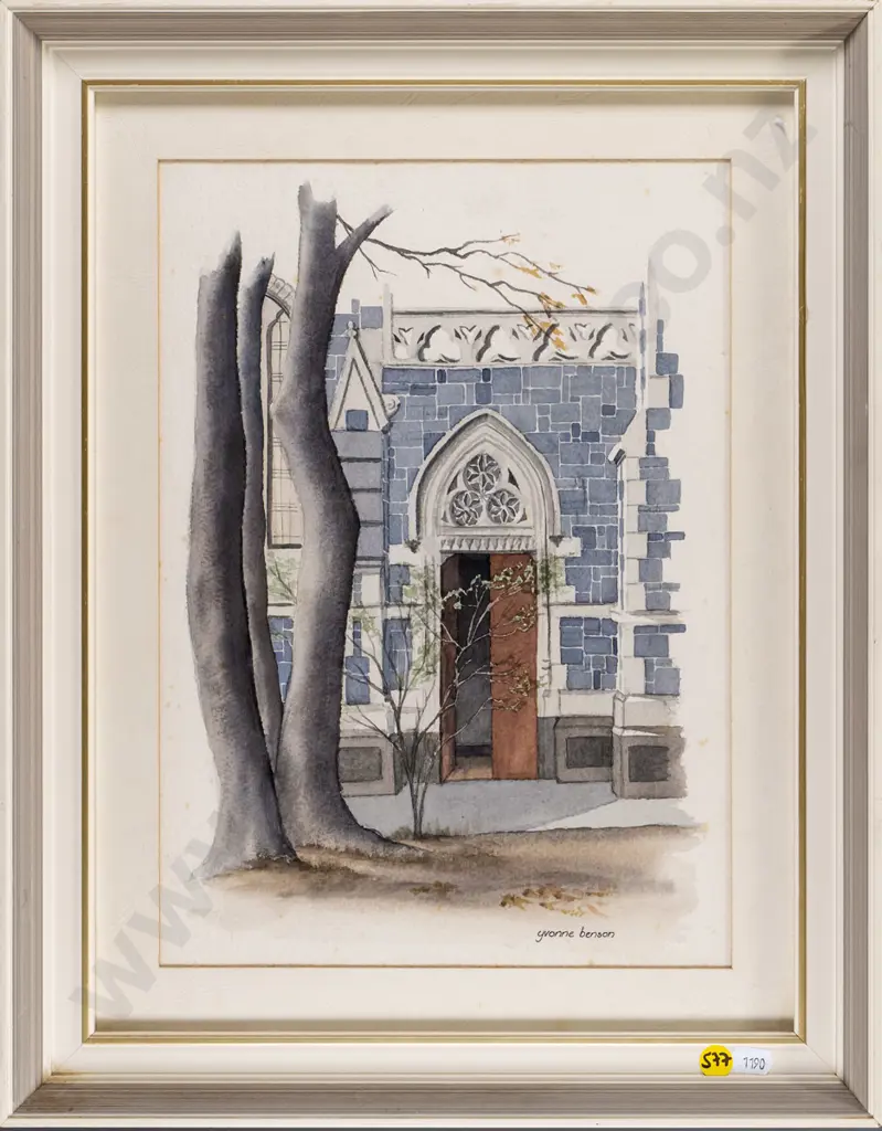 Yvonne Benson - framed watercolour "Rear Doorway, Knox Church, George Street, Dunedin (slight foxing) H-340 W-230 Image 1++