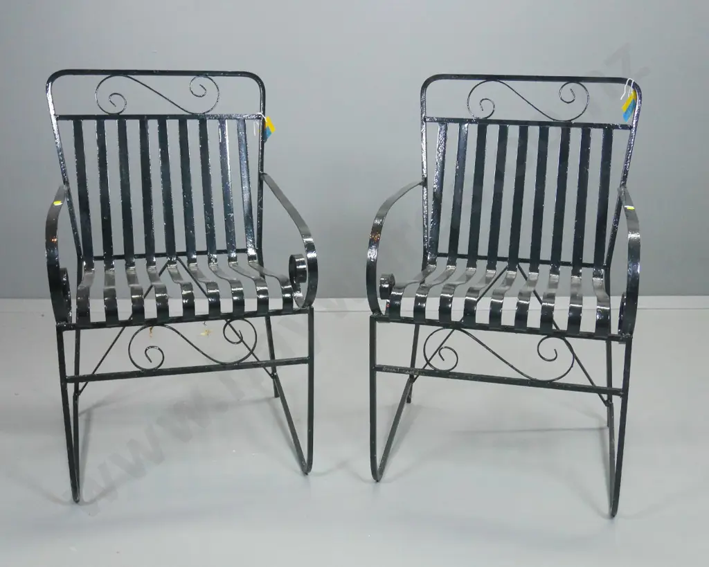 pair of antique wrought iron outdoor chairs with black gloss finish, minor chips H-850 W490 D530 Image 1++