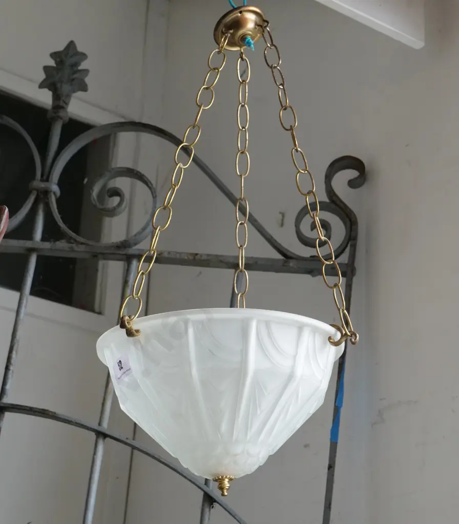 deco style frosted glass hanging light fitting with ceiling rose and chains Diameter 300 Image 1++
