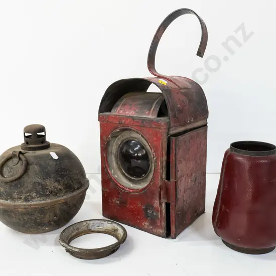 vintage red painted signal lantern with red lenses H-420 heavy globe shaped base of some sort, small red lantern shade
