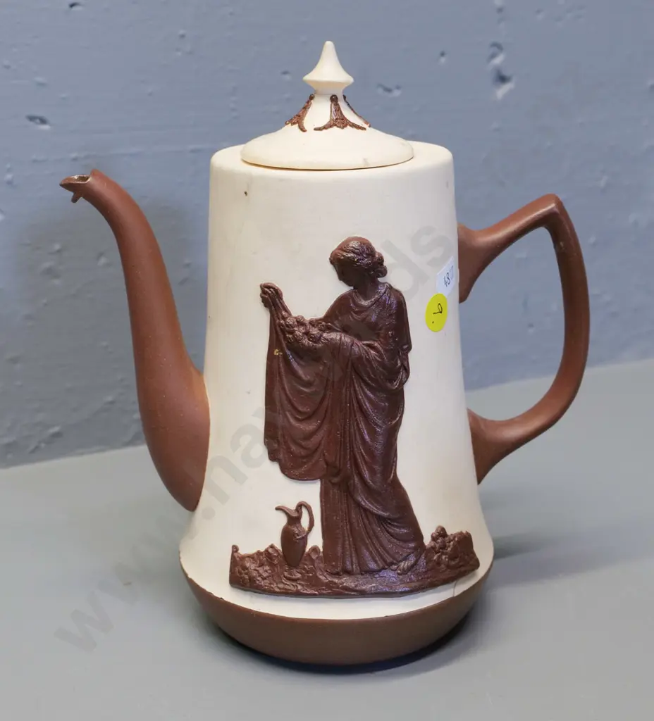 Temuka pottery - cream & brown coffee pot, marked "Lovatt's jasperware" lid marked WG Lovatt 1985 H210 W200 Image 1++