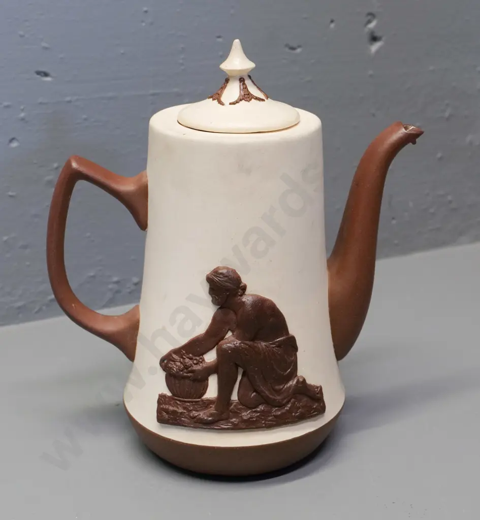 Temuka pottery - cream & brown coffee pot, marked "Lovatt's jasperware" lid marked WG Lovatt 1985 H210 W200 Image 1++