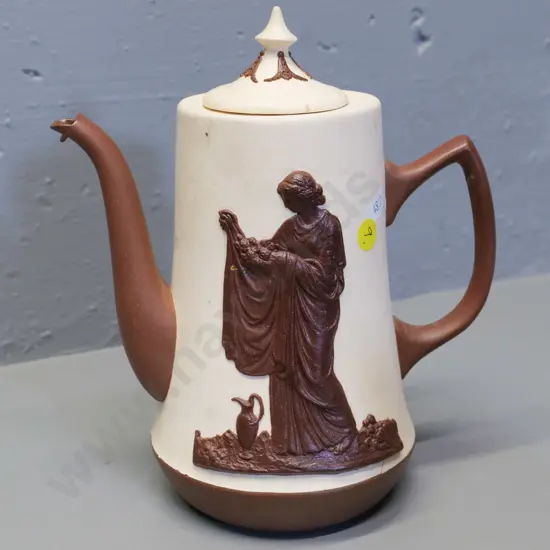 Temuka pottery - cream & brown coffee pot, marked "Lovatt's jasperware" lid marked WG Lovatt 1985 H210 W200