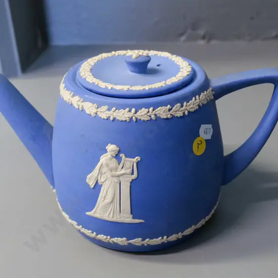 Temuka pottery jasperware blue teapot - signed RS Lovatt H-150 W-260 at spout