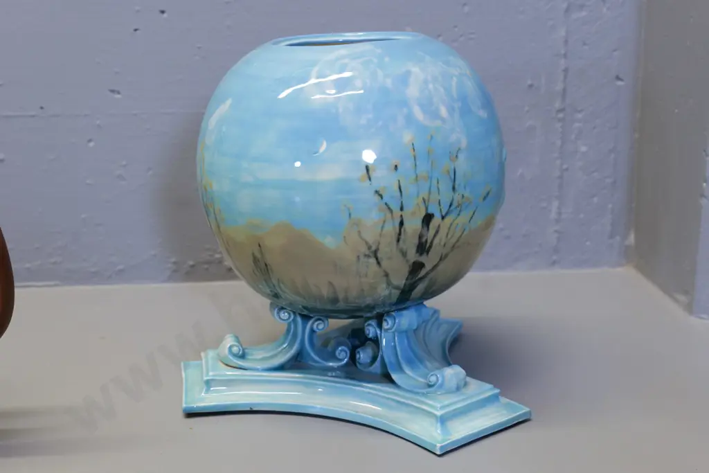 unusual hand-painted ornate globe vase, signed TN Lovatt, circa 1930 - several large chips to glaze H260 W230 Image 1++