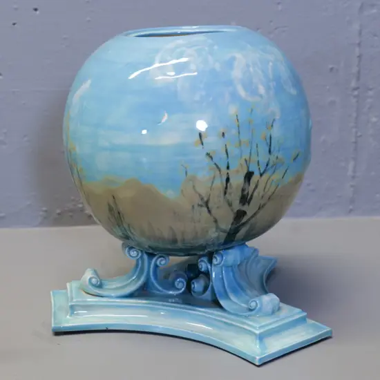 unusual hand-painted ornate globe vase, signed TN Lovatt, circa 1930 - several large chips to glaze H260 W230