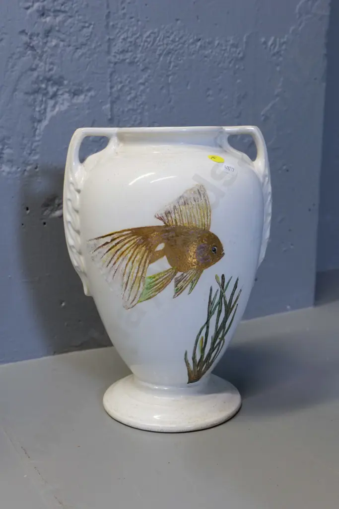 hand painted goldfish design vase circa 1930, marked 'Temuka ware' - small fleck in glaze H-260 Image 1++