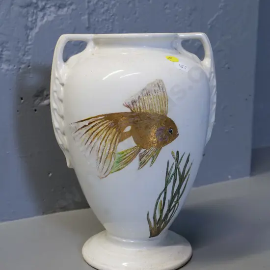 hand painted goldfish design vase circa 1930, marked 'Temuka ware' - small fleck in glaze H-260