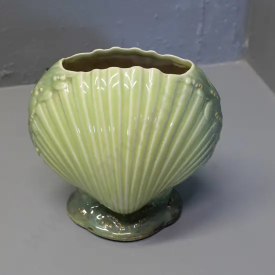 Temuka pottery - green glaze shell design vase, Temuka ware mark. H180 W190