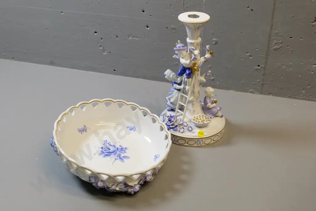 Ornate blue, white and gold comport in 2 pieces - H-320 D-230 - marked 'Dresden East Germany' Image 1++