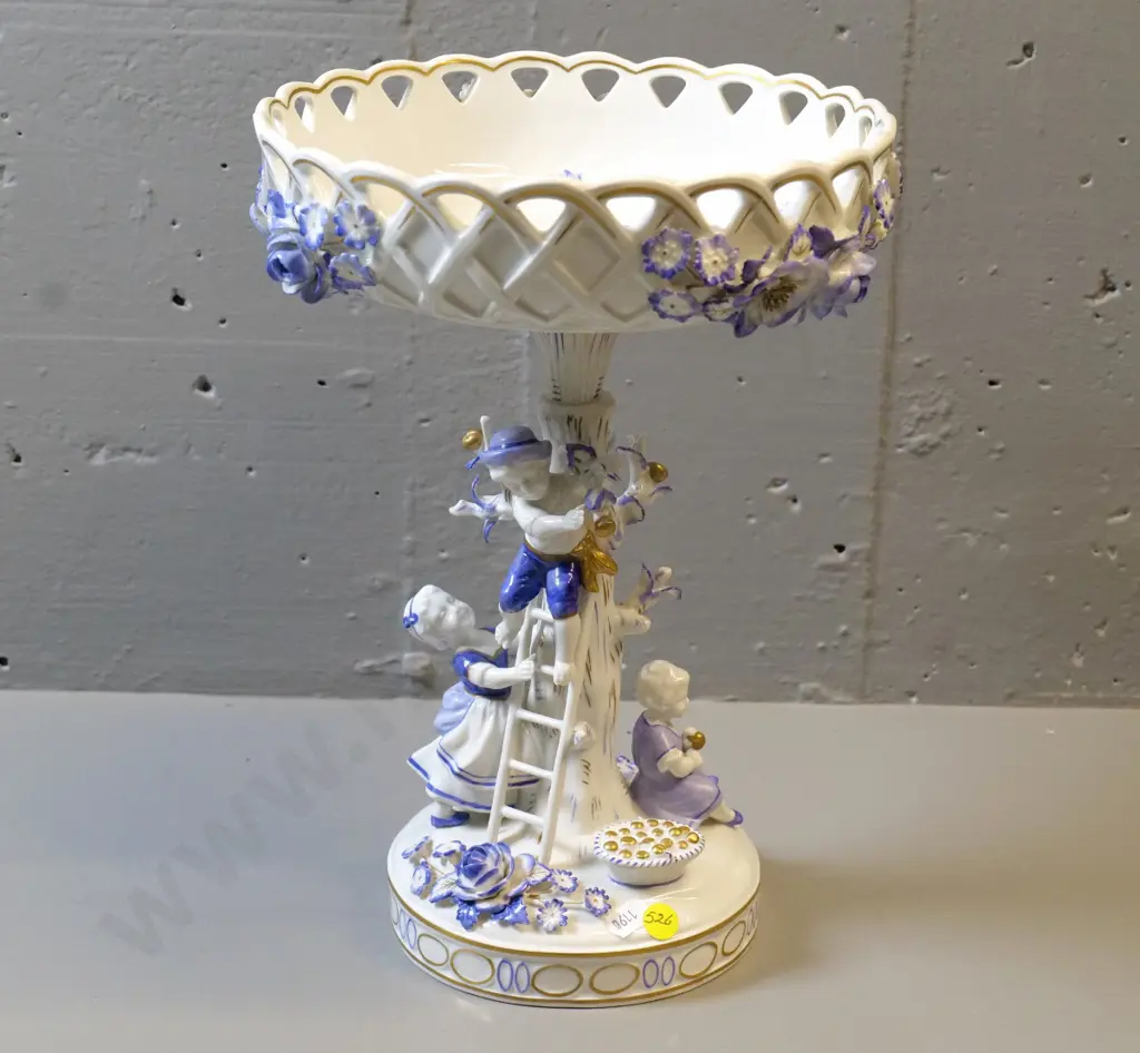Ornate blue, white and gold comport in 2 pieces - H-320 D-230 - marked 'Dresden East Germany' Image 1++