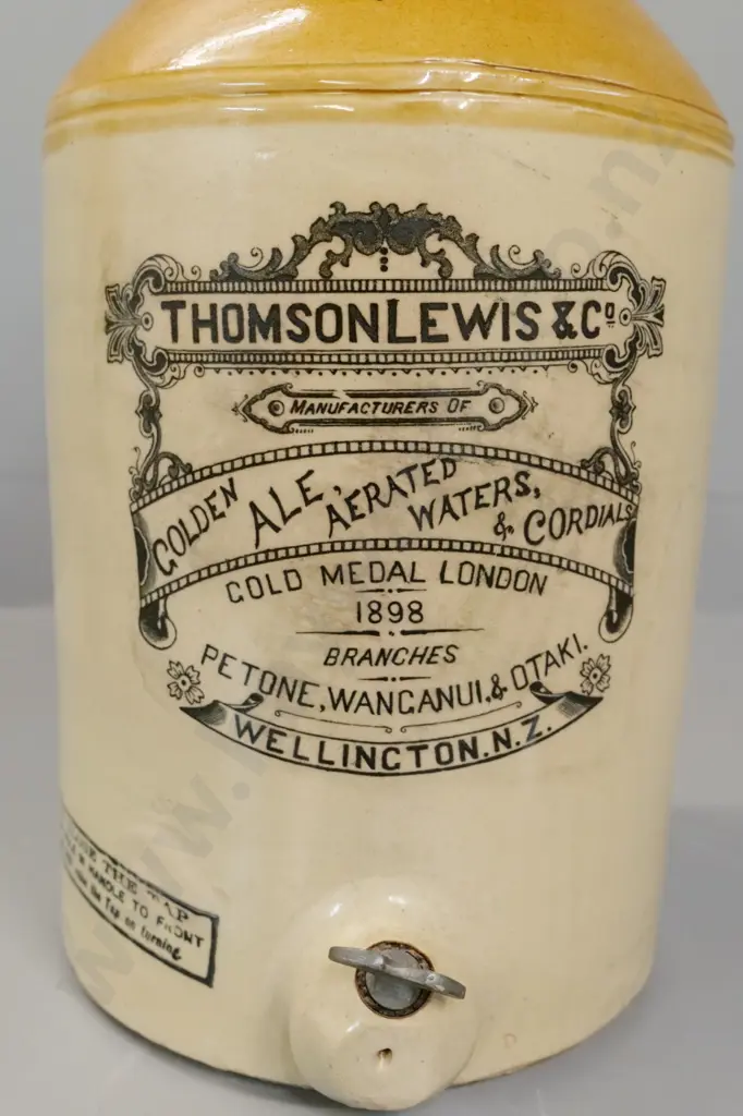 2-Gallon Thomson Lewis & Co Wellington narrow-mouth crock with metal spigot and handle H430 D-230 Image 1++