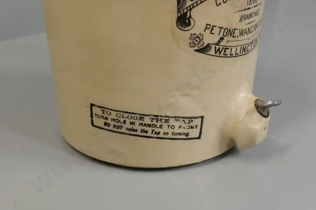 2-Gallon Thomson Lewis & Co Wellington narrow-mouth crock with metal spigot and handle H430 D-230 Image 1++