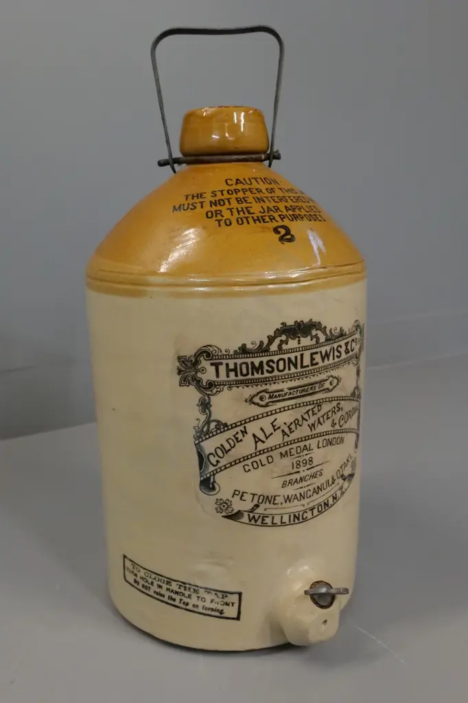 2-Gallon Thomson Lewis & Co Wellington narrow-mouth crock with metal spigot and handle H430 D-230 Image 1++