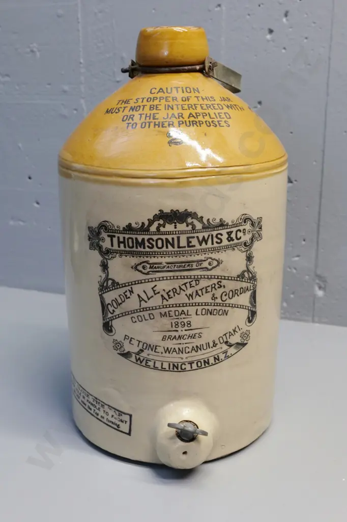 2-Gallon Thomson Lewis & Co Wellington narrow-mouth crock with metal spigot and handle H430 D-230 Image 1++