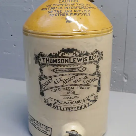 2-Gallon Thomson Lewis & Co Wellington narrow-mouth crock with metal spigot and handle H430 D-230