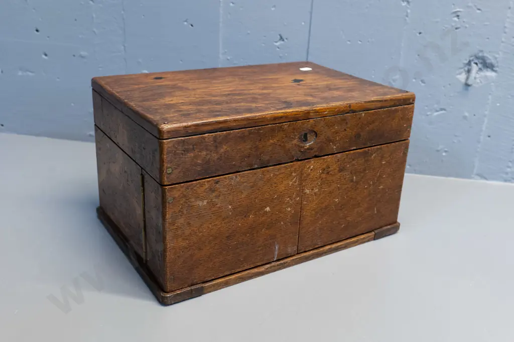 vintage oak-cased games set with fitted interior, hinged opening panels, and game pieces - dominoes, chess, cribbage etc Image 1++