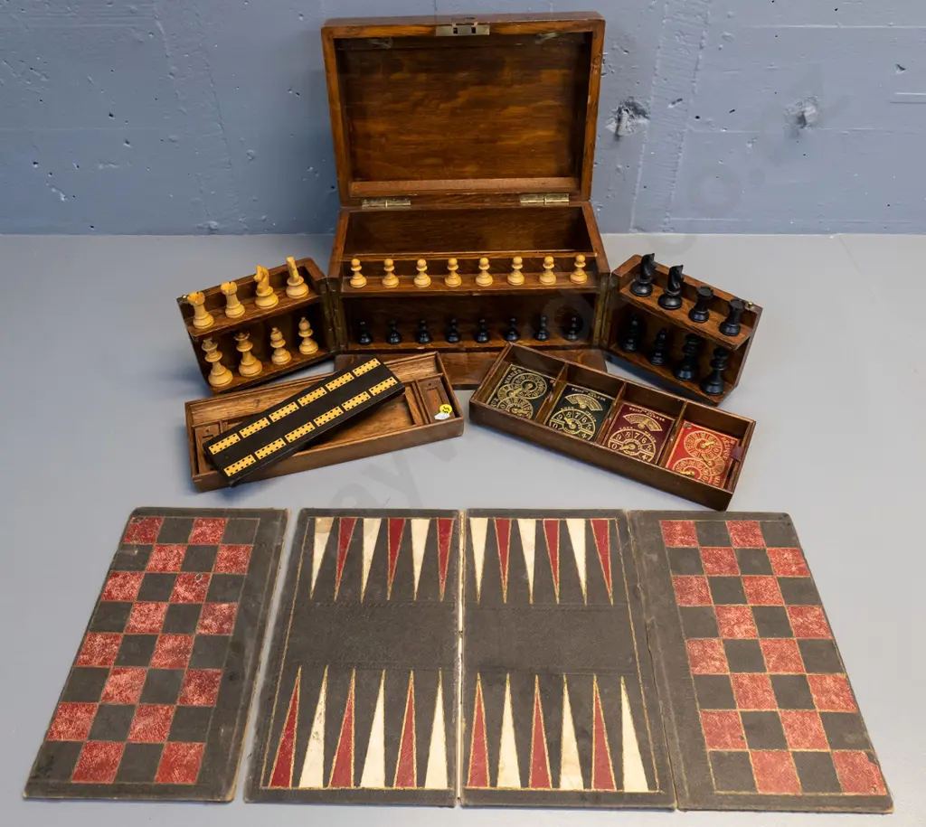 vintage oak-cased games set with fitted interior, hinged opening panels, and game pieces - dominoes, chess, cribbage etc Image 1++