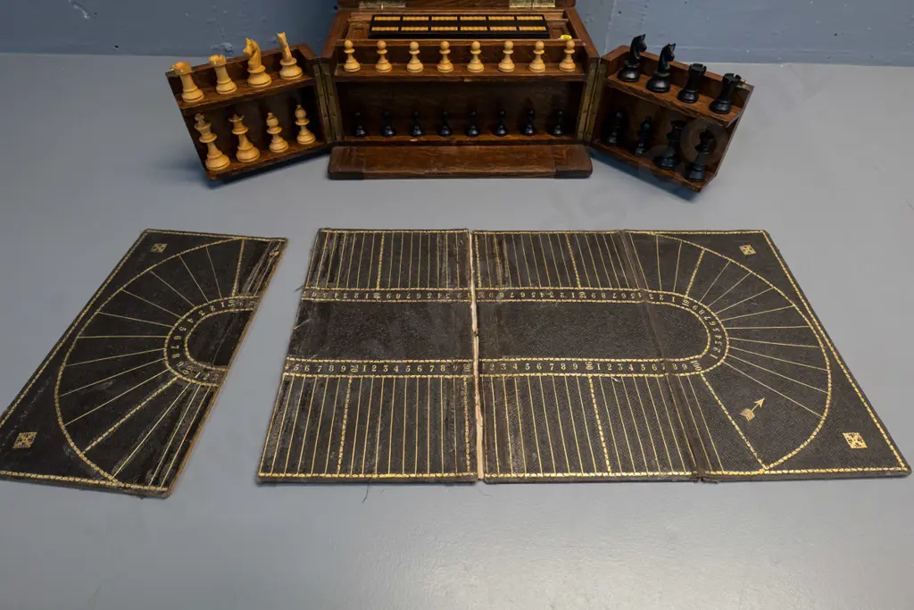 vintage oak-cased games set with fitted interior, hinged opening panels, and game pieces - dominoes, chess, cribbage etc Image 1++