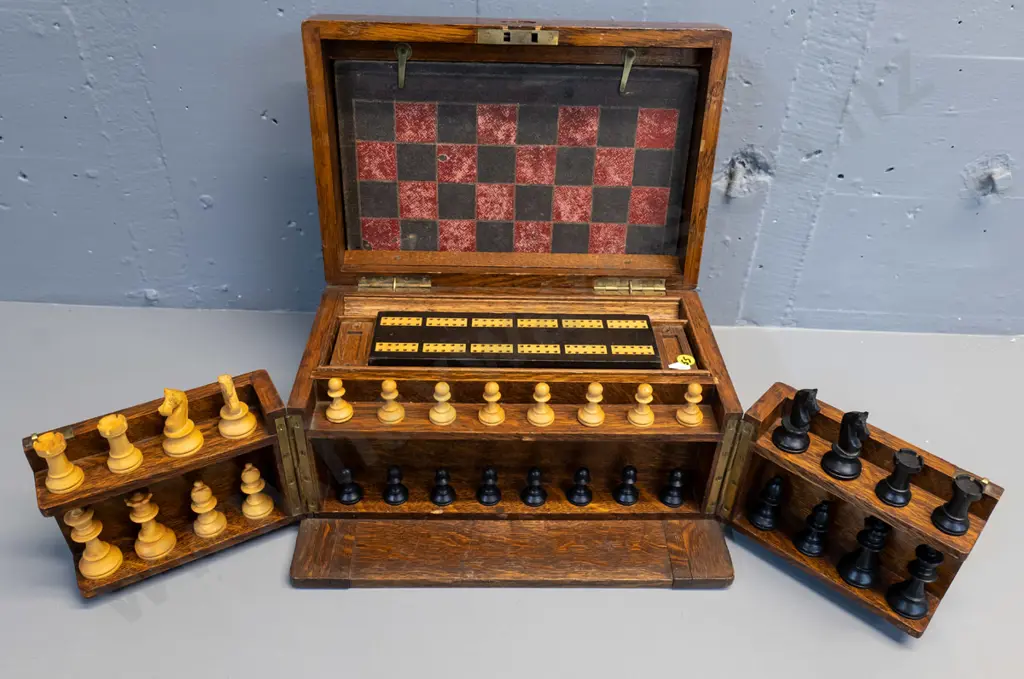 vintage oak-cased games set with fitted interior, hinged opening panels, and game pieces - dominoes, chess, cribbage etc Image 1++
