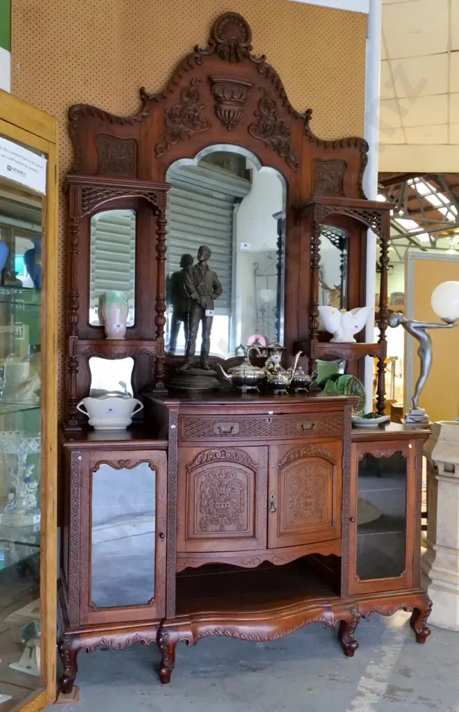vintage French large heavily carved oak sideboard w/mirror top, 2 glazed doors. Crack to top, H2800 W1530 D600 Image 1++