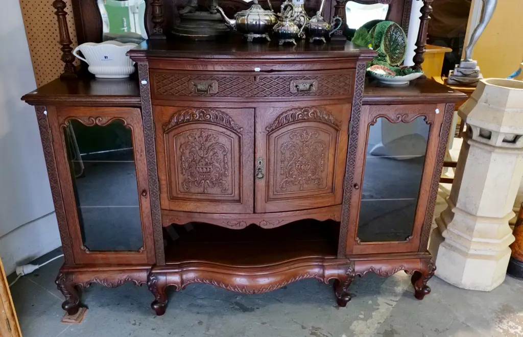 vintage French large heavily carved oak sideboard w/mirror top, 2 glazed doors. Crack to top, H2800 W1530 D600 Image 1++