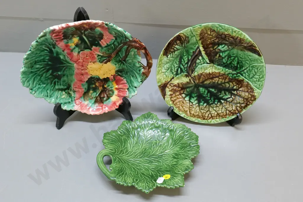 3 Majolica plates - green leaf, begonia leaf, one hand-coloured, no maker's marks Image 1++