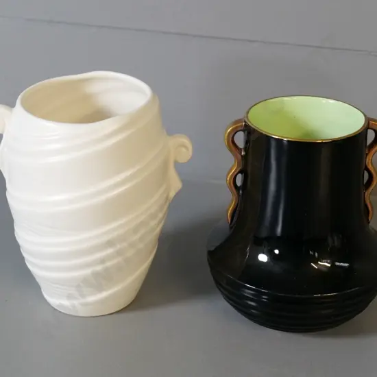 Sylvac white vase H-130 and a Carlton Ware vase black with green interior