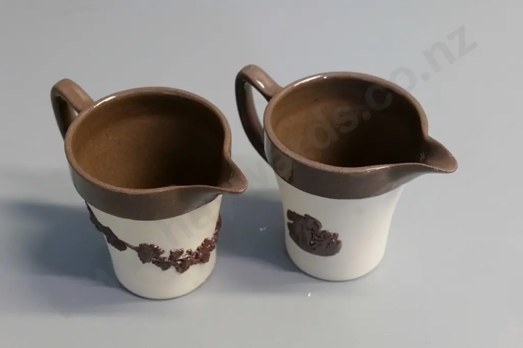 Temuka pottery - 2 brown & cream jasperware jugs, signed Lovatt, one dated 1960. H-100 Image 1++