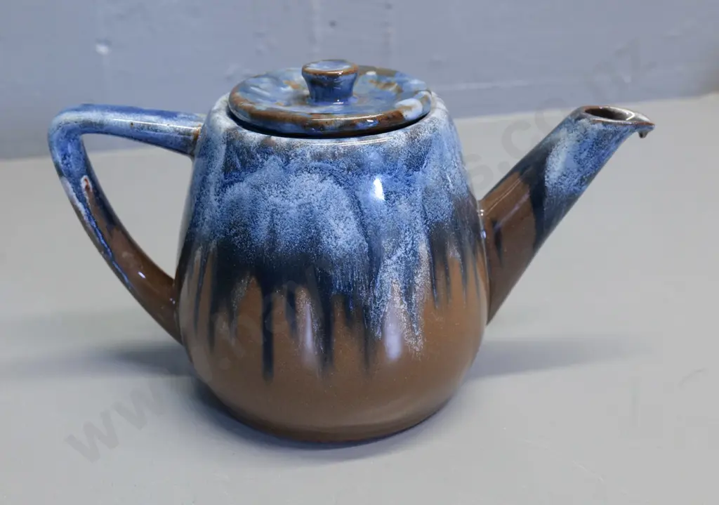 Temuka pottery - brown and blue trickle glaze teapot, Maori inscription & 6/77 on base H130 W230 Image 1++