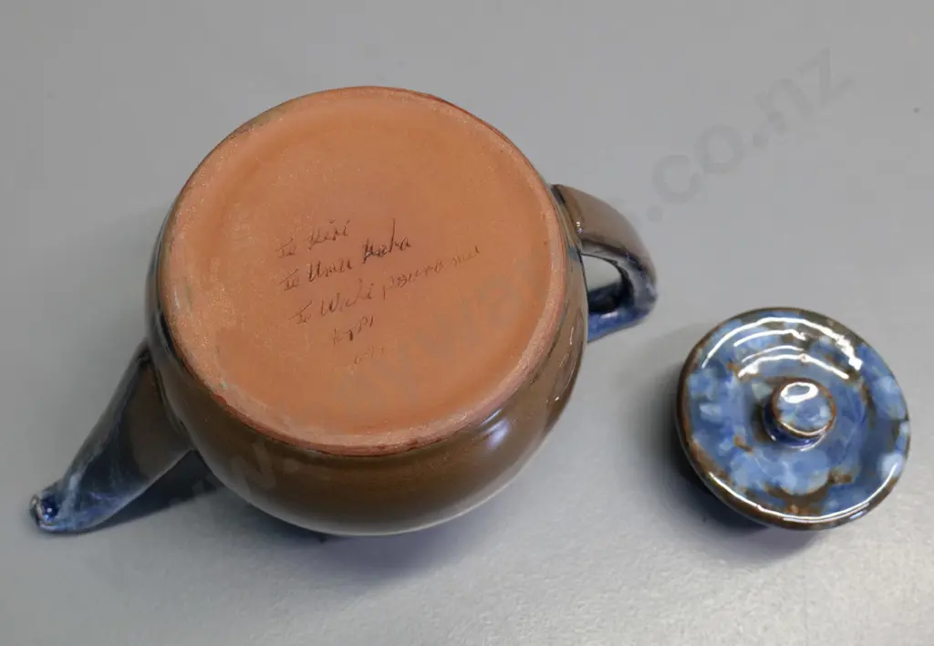 Temuka pottery - brown and blue trickle glaze teapot, Maori inscription & 6/77 on base H130 W230 Image 1++