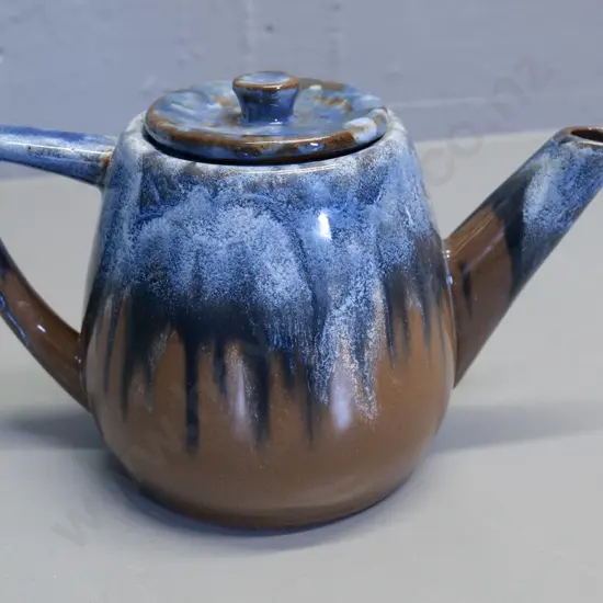 Temuka pottery - brown and blue trickle glaze teapot, Maori inscription & 6/77 on base H130 W230