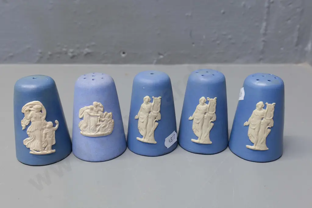 Temuka pottery jasperware - 5 salt or pepper shakers - one signed RS Lovatt - each H70 Image 1++