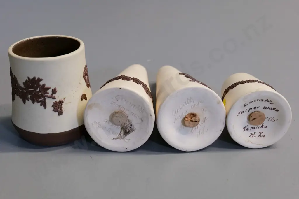 Temuka pottery - 4 pieces Lovatt's jasperware 2 salts H130, pepper, small pot w.some relief pattern loss Image 1++