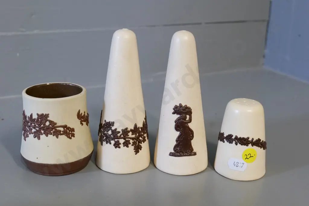 Temuka pottery - 4 pieces Lovatt's jasperware 2 salts H130, pepper, small pot w.some relief pattern loss Image 1++