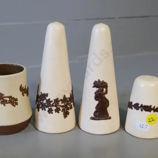 Temuka pottery - 4 pieces Lovatt's jasperware 2 salts H130, pepper, small pot w.some relief pattern loss