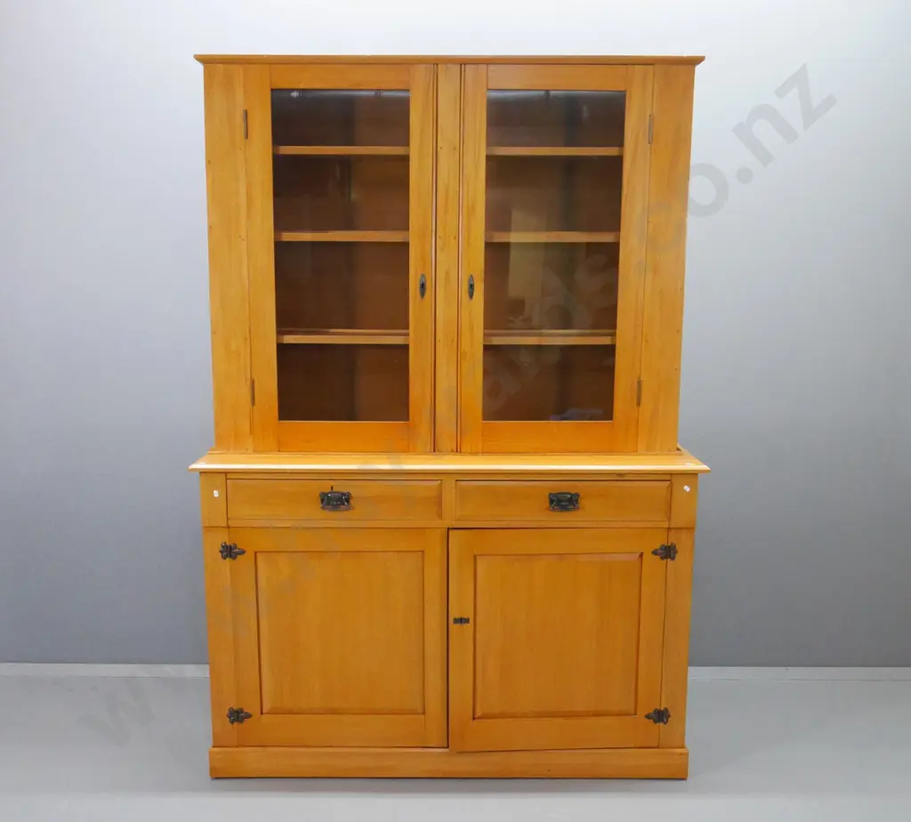 vintage rimu sideboard with 2-door bookcase/display top, drop handles, key escutcheons - some scratches H2090 W1460 D450 Image 1++