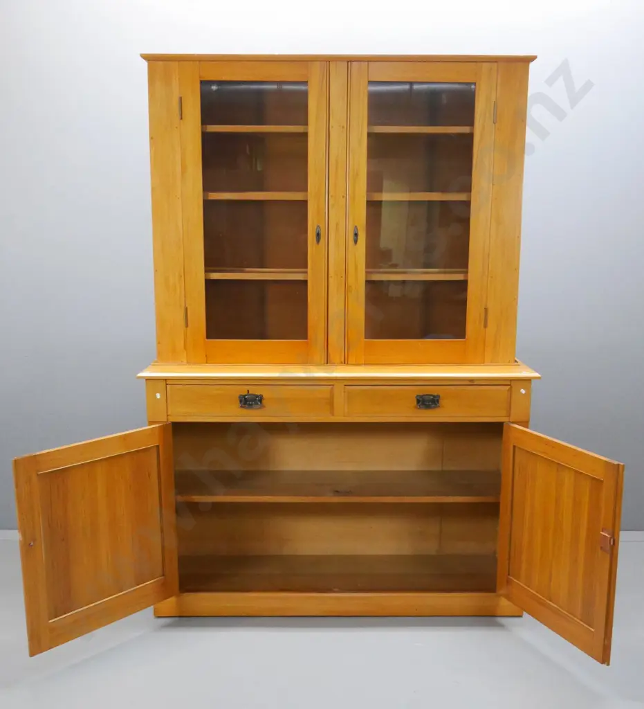 vintage rimu sideboard with 2-door bookcase/display top, drop handles, key escutcheons - some scratches H2090 W1460 D450 Image 1++