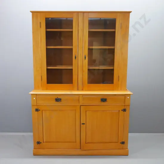 vintage rimu sideboard with 2-door bookcase/display top, drop handles, key escutcheons - some scratches H2090 W1460 D450
