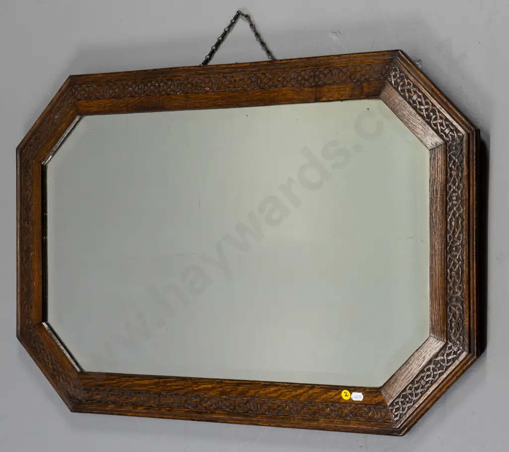 carved oak octagonal framed bevelled edge wall mirror H-530 W-810 Image 1++