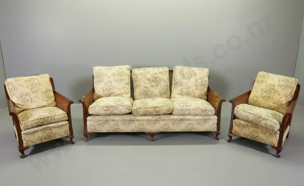 mahogany cab-leg bergere cane & floral tapestry lounge suite - 3 + 2 chairs - finish wear, stains, fading H800 W1850 Image 1++