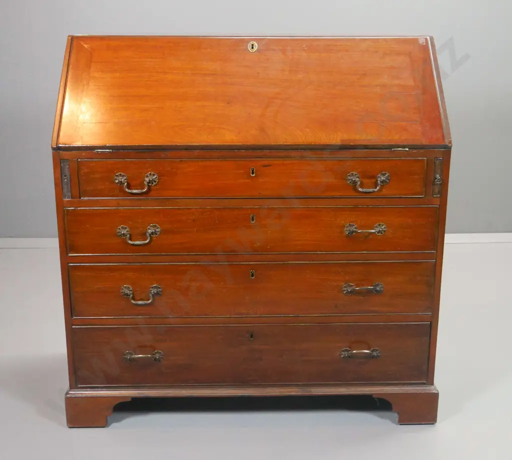 vintage mahogany drop front 3-drawer writing desk w/key escutcheons, no key, some loose beading H1040 W1000 D520 Image 1++