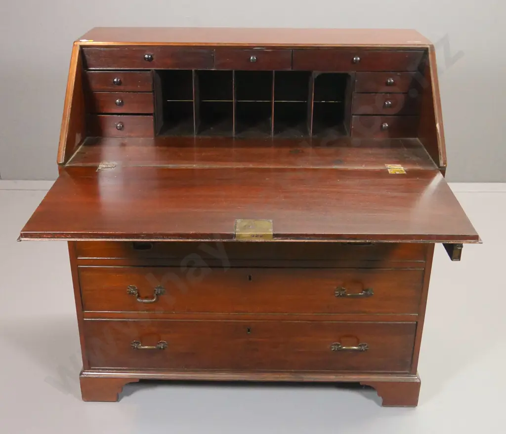 vintage mahogany drop front 3-drawer writing desk w/key escutcheons, no key, some loose beading H1040 W1000 D520 Image 1++