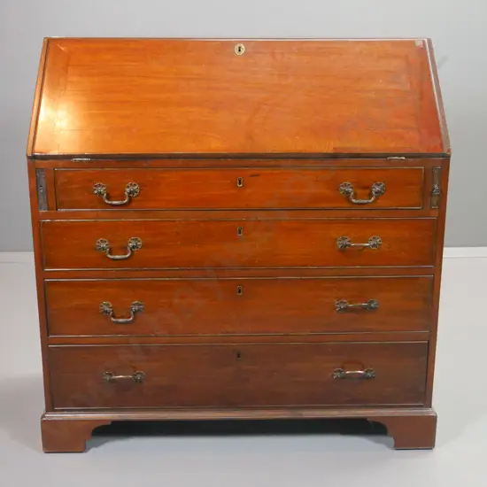 vintage mahogany drop front 3-drawer writing desk w/key escutcheons, no key, some loose beading H1040 W1000 D520