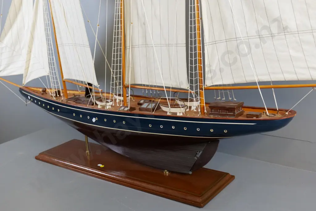 large wooden model boat with full rigging, on wooden base - L-1420 Image 1++