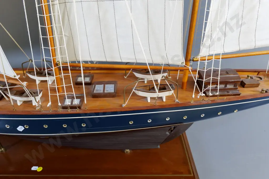large wooden model boat with full rigging, on wooden base - L-1420 Image 1++