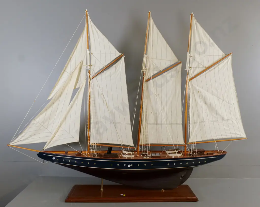 large wooden model boat with full rigging, on wooden base - L-1420 Image 1++