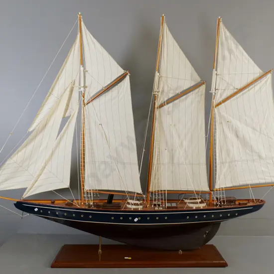 large wooden model boat with full rigging, on wooden base - L-1420