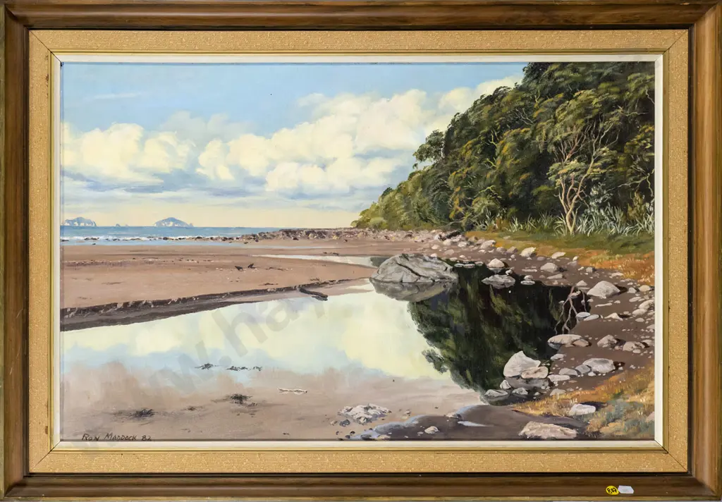 Ron Maddock '82 - framed oil "Pauanui Beach" H-440 W-690 Image 1++